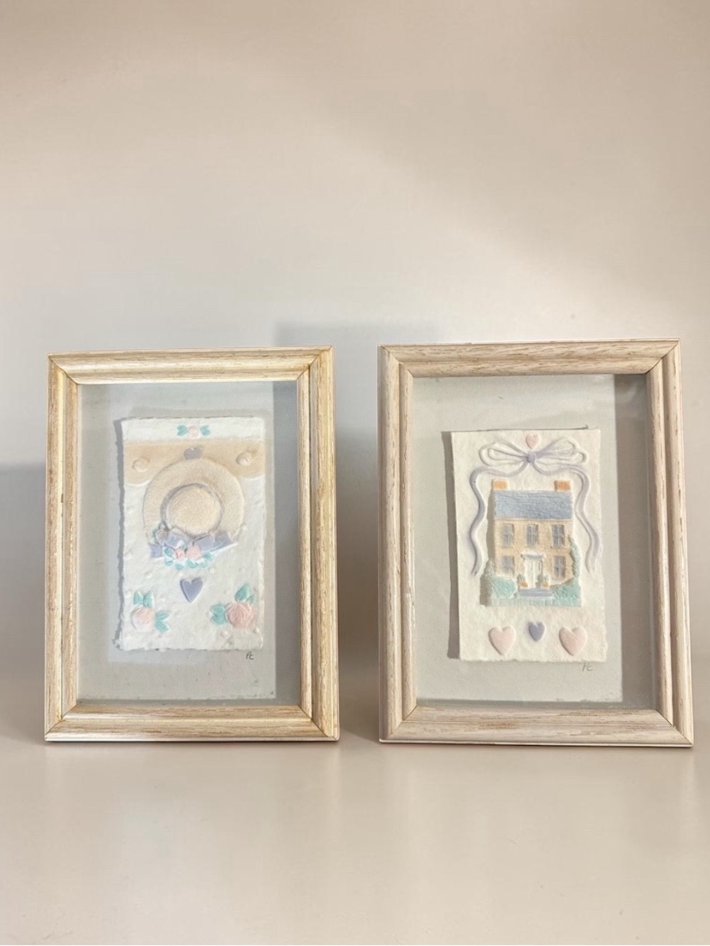 Vtg 1990 Hand Cast, Paper Wall Art. 8x6. Set of 2